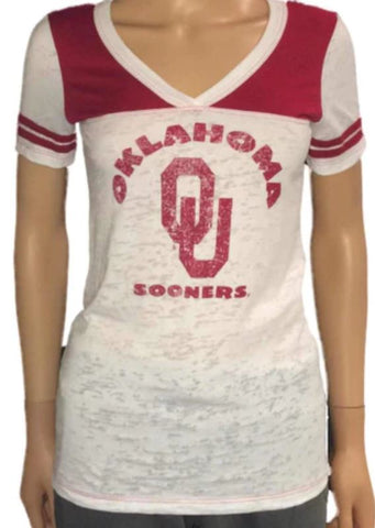 Oklahoma Sooners Blue 84 Women White Red-Shoulder Burn Out V-Neck T-Shirt - Sporting Up