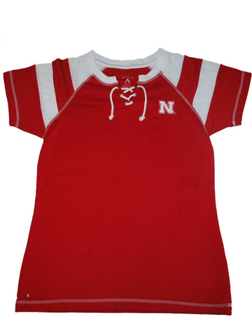 Nebraska Cornhuskers Antigua Women Red White Striped Tie Neck T-Shirt (M) - Sporting Up