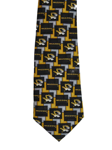 Missouri Tigers Eagles Wings Black Gold Gray Squares 100% Silk Neck Tie - Sporting Up