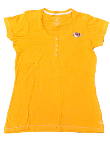 KC Chiefs Antigua Women Yellow 1/4 Button Up Short Sleeve Dazzled T-Shirt (M) - Sporting Up