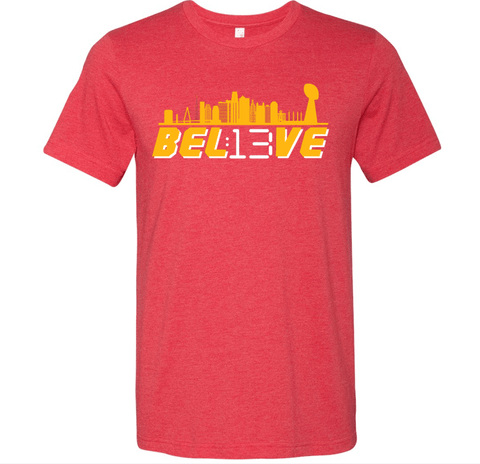 Shop KC Believe 13 Seconds with Kansas City Skyline and Trophy - Red Heather - Sporting Up