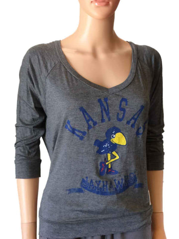 Kansas Jayhawks Retro Brand Gray Womens Deep V-Neck Long Sleeve T-Shirt - Sporting Up