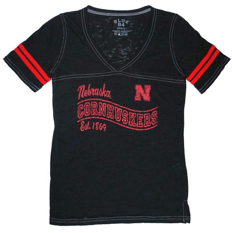 Nebraska Cornhuskers Blue 84 Women Black Red Burn Out V-Neck T-Shirt - Sporting Up