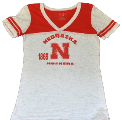 Nebraska Cornhuskers Blue 84 Womens V-Neck Burn Out White T-Shirt - Sporting Up