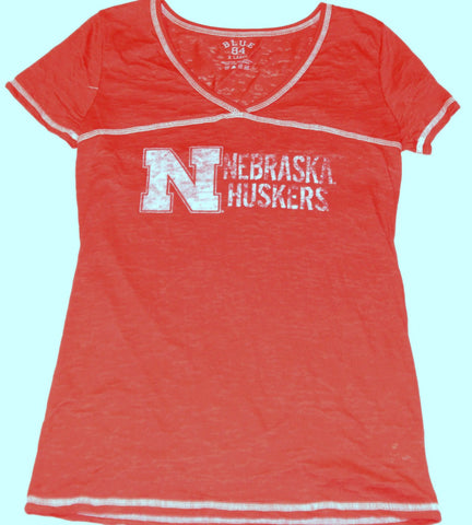 Nebraska Cornhuskers Blue 84 Womens Burn Out Red V-Neck T-Shirt - Sporting Up