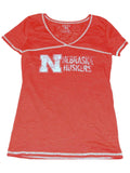 Nebraska Cornhuskers Blue 84 Womens Burn Out Red V-Neck T-Shirt - Sporting Up