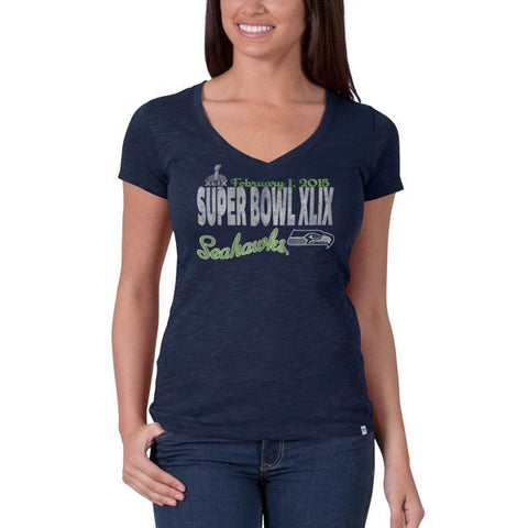 Seattle Seahawks 47 Brand 2015 Super Bowl XLIX Womens V-Neck Navy Scrum T-Shirt - Sporting Up