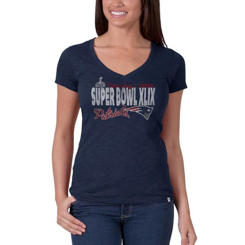Shop New England Patriots 47 Brand 2015 Super Bowl 49 XLIX Womens V-Neck Navy T-Shirt - Sporting Up