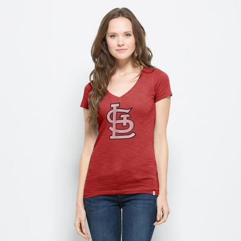 St. Louis Cardinals 47 Brand Women V-Neck Red Scrum Classic T-Shirt - Sporting Up