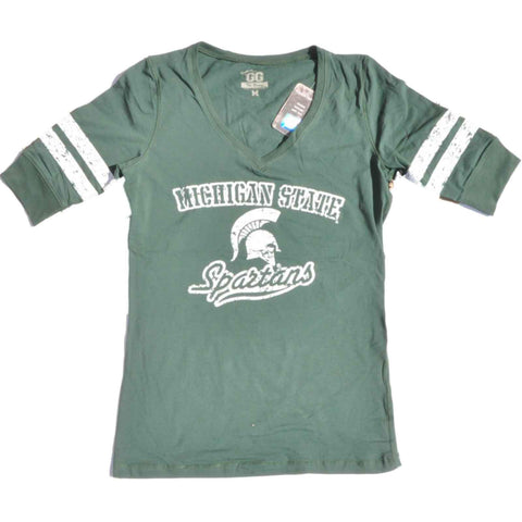 Michigan State Spartans Glitter Gear Women Green 1/2 Sleeve Long V-Neck T-Shirt - Sporting Up