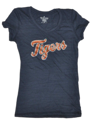 Detroit Tigers SAAG Women Navy Sequin "Tigers" Tri-Blend V-Neck T-Shirt - Sporting Up