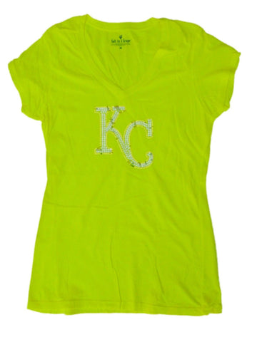 Shop Kansas City Royals SAAG Women Neon Yellow Sequin Cotton V-Neck T-Shirt - Sporting Up