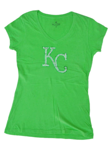 Kansas City Royals SAAG Women Neon Green Sequin Cotton V-Neck T-Shirt - Sporting Up