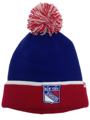 New York Rangers 47 Brand Blue Red Baraka Knit Cuffed Poofball Beanie Hat Cap - Sporting Up