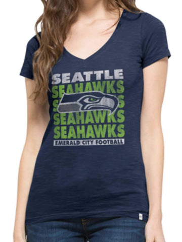 Seattle Seahawks 47 Brand Women Navy "Emerald City" V-Neck Scrum T-Shirt - Sporting Up