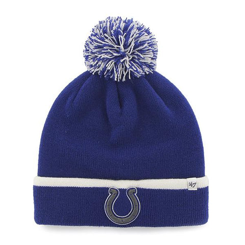 Shop Indianapolis Colts 47 Brand Blue White Baraka Knit Cuff Poofball Beanie Hat Cap - Sporting Up