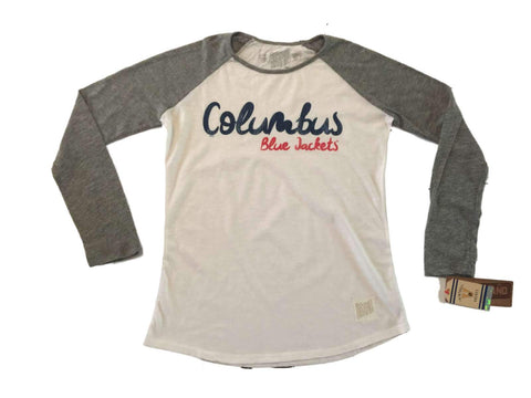 Shop Columbus Blue Jackets Retro Brand WOMEN White Gray Script Long Sleeve T-Shirt - Sporting Up