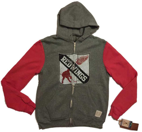 Detroit Red Wings Retro Brand Gray Red Fleece Full Zip Up Hooded Jacket - Sporting Up