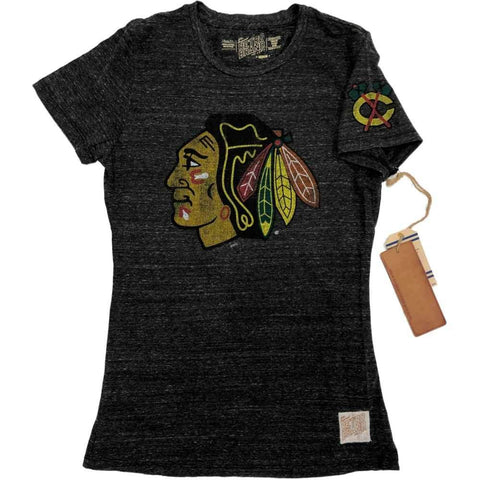 Chicago Blackhawks Retro Brand WOMENS Charcoal Gray SS Fitted T-Shirt (M) - Sporting Up