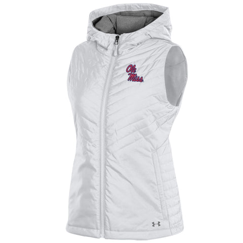 Shop Ole Miss Rebels Under Armour WOMEN'S White Storm Fitted Hooded Puffer Vest - Sporting Up