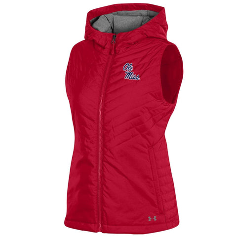 Shop Ole Miss Rebels Under Armour WOMEN'S Red Storm Fitted Hooded Puffer Vest - Sporting Up