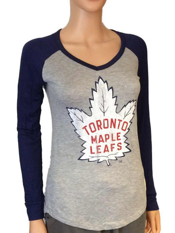 Magasinez les Maple Leafs de Toronto Retro Brand Women Navy Two Tone V-neck LS T-shirt - Sporting Up