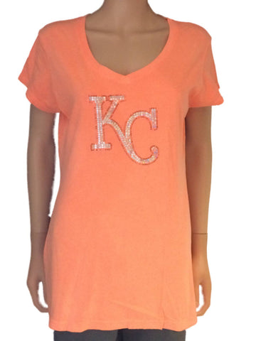 Kansas City Royals Saag Damen-T-Shirt aus neonorangefarbener Baumwolle mit Pailletten und V-Ausschnitt – sportlich