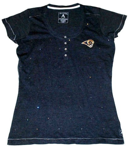 Shop Los Angeles Rams Women's Antigua NFL Short Sleeve Navy Rhinestones Shirt (M) - Sporting Up