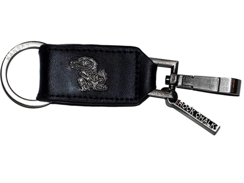 Kansas Jayhawks Leather Clad Holder Black Silver Keychain - Sporting Up