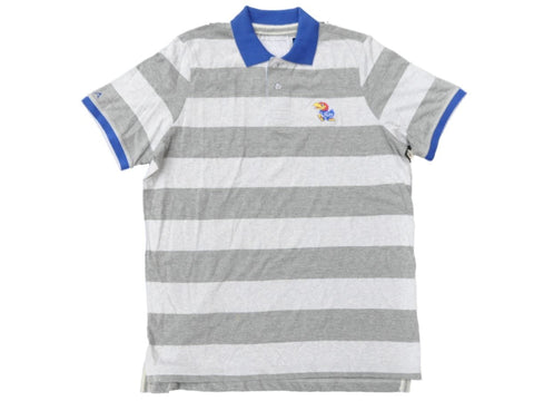 Shop Kansas Jayhawks Antigua Gray Striped 1/4 Button-Up Short Sleeve Polo T-Shirt (L) - Sporting Up