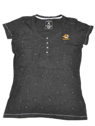 Mizzou Tigers Antigua Damen-T-Shirt in Grau mit 1/4-Knöpfen und kurzen Ärmeln (M) – sportlich