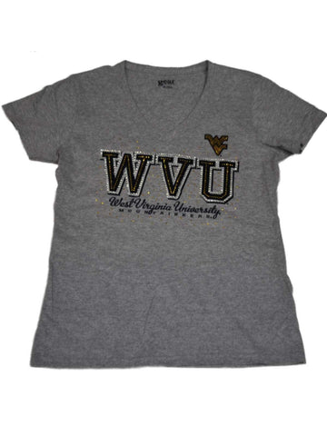 West Virginia Mountaineers-Ausrüstung für sportliche Damen, graues Bling-T-Shirt mit V-Ausschnitt (M) – Sporting Up