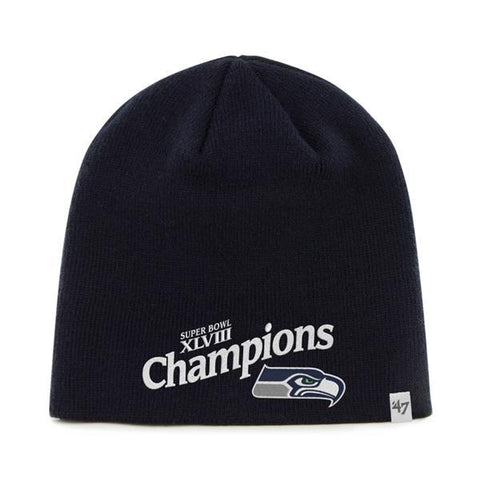 Shop Seattle Seahawks 47 Brand Super Bowl XLVIII Champions Navy Winter Cap Hat Beanie - Sporting Up