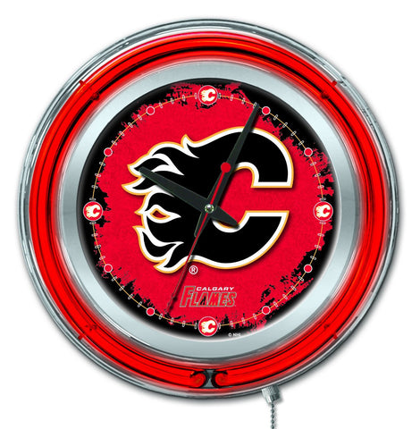 Magasinez l'horloge murale alimentée par batterie de hockey rouge néon hbs des Flames de Calgary (15") - Sporting Up