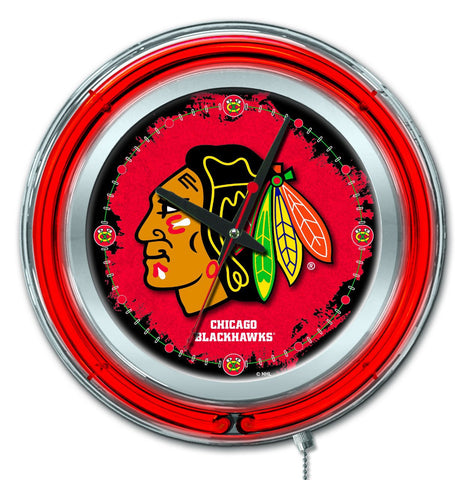 Chicago blackhawks hbs reloj de pared con batería de hockey rojo neón (15 ") - deportivo