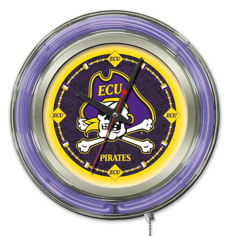 Compre reloj de pared con pilas de la universidad de color púrpura neón hbs de los piratas de carolina del este (15") - sporting up