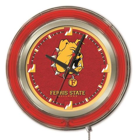 Boutique ferris state bulldogs hbs néon rouge or collège horloge murale alimentée par batterie (15") - sporting up
