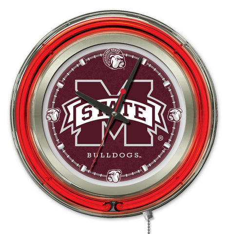 Horloge murale alimentée par batterie universitaire rouge néon hbs des bouledogues de l'État du Mississippi (15") - faire du sport