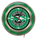 Horloge murale alimentée par batterie vert néon HBS Fighting Hawks du Dakota du Nord (15") - faire du sport