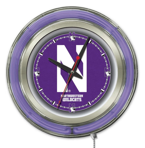 Reloj de pared con pilas de la universidad púrpura neón hbs de los gatos monteses del noroeste (15") - haciendo deporte
