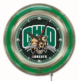 Ohio Bobcats hbs néon vert noir horloge murale alimentée par batterie universitaire (15") - faire du sport