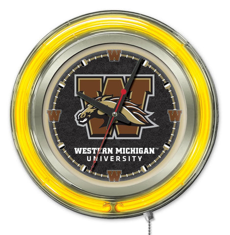 Achetez une horloge murale alimentée par batterie jaune néon hbs des Broncos du Michigan de l'Ouest (15") - Sporting Up