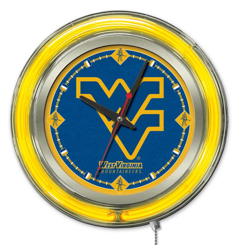 Shop West Virginia Mountaineers HBS Neon Yellow Battery Powered Wall Clock (15") - Sporting Up