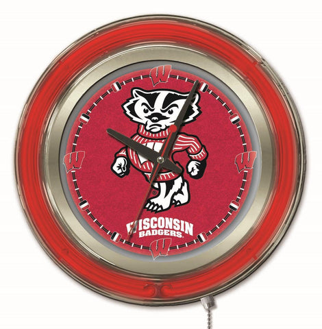 Wisconsin Badgers hbs reloj de pared con batería de tejón rojo neón universitario (15 ") - deportivo