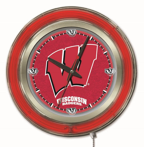 Wisconsin Badgers HBS neonrotes „W“-Logo College batteriebetriebene Wanduhr (15 Zoll) – sportlich