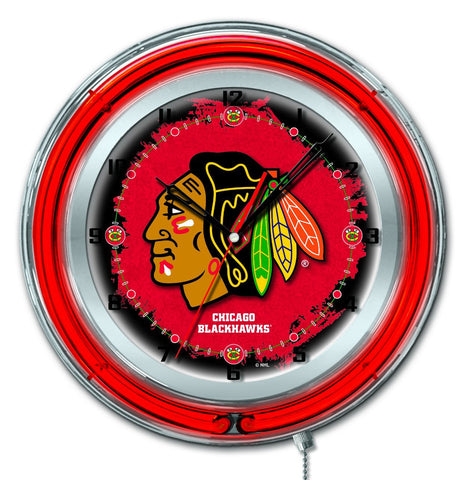 Chicago blackhawks hbs reloj de pared con batería de hockey rojo neón (19 ") - deportivo