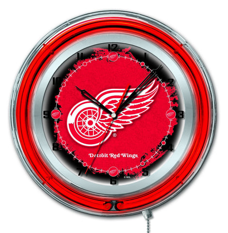 Reloj de pared con batería de hockey rojo neón hbs de alas rojas de Detroit (19") - deportivo