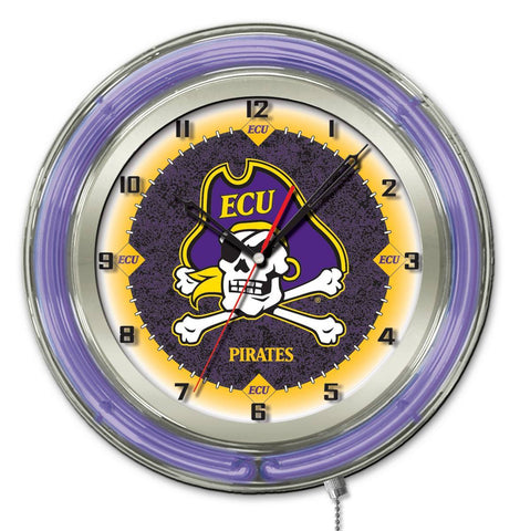 Compre reloj de pared con pilas de la universidad de color púrpura neón hbs de los piratas de carolina del este (19") - sporting up