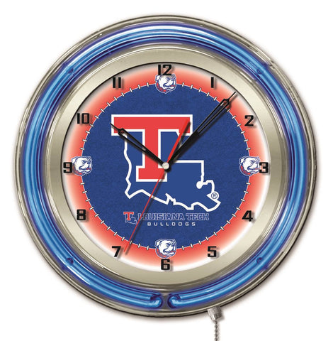 Shoppen Sie die batteriebetriebene Wanduhr „Louisiana Tech Bulldogs HBS Neon Blue College“ (19 Zoll) – sportlich