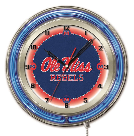 Ole Miss Rebels HBS Neon Blue College Battery Powered Wall Clock (19") - Sporting Up